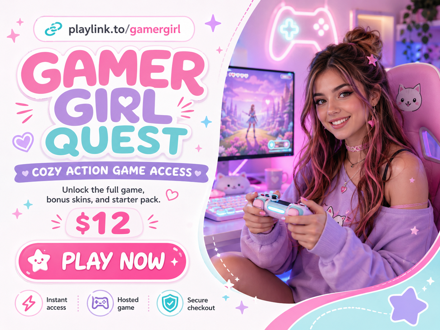 Gamer Girl Quest cozy action game money link example